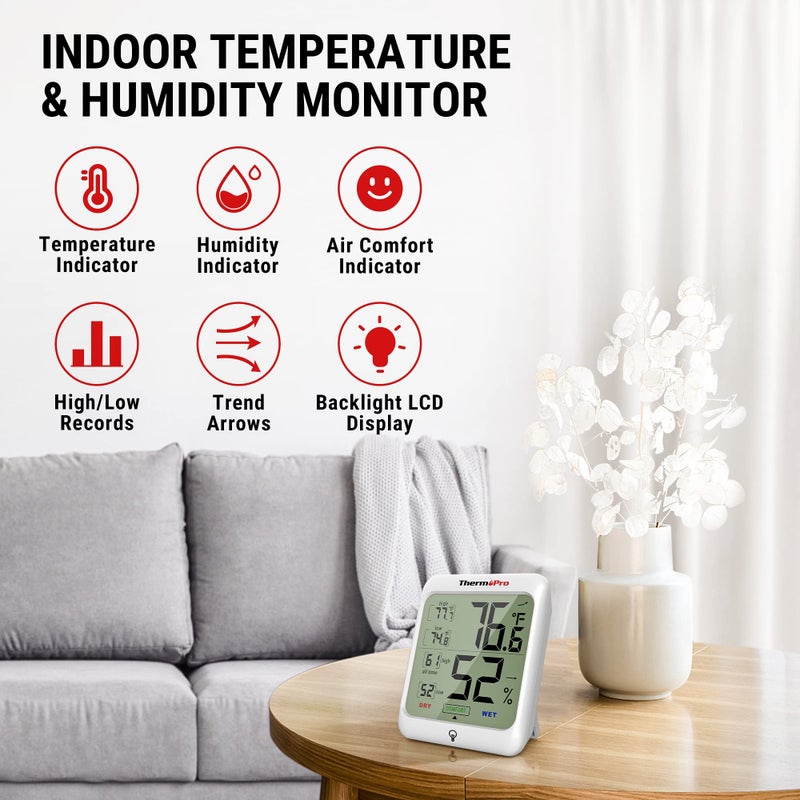 ThermoPro TP53 2 Pack Digital Hygrometer Indoor Thermometer for Home, Temperature Humidity Sensor with Comfort Indicator & Max Min Records, Room Thermometer Humidity Meter with Backlight Display - Image 2
